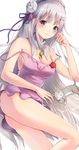  akari_skyline_works ass bangs bare_arms blue_eyes blush braid breasts camisole cleavage clenched_hand collar crown_braid elf emilia_(re:zero) eyebrows_visible_through_hair flower gem grey_background hair_flower hair_ornament hair_ribbon hand_up highres jewelry long_hair looking_at_viewer lying medium_breasts no_panties off_shoulder on_side parted_lips pendant pointy_ears puck_(re:zero) purple_camisole purple_hair purple_ribbon re:zero_kara_hajimeru_isekai_seikatsu red_flower ribbon sideboob simple_background solo thighs very_long_hair x_hair_ornament 
