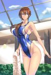  :o blue_eyes breasts brown_hair cloud collarbone competition_swimsuit covered_navel covered_nipples day groin highleg highleg_swimsuit highres holding holding_towel indoors large_breasts long_hair looking_to_the_side luna_(gunfire) one-piece_swimsuit original sideboob sky solo swimsuit towel 