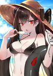  alternate_costume bare_arms bare_shoulders beach bikini black_bikini brown_hair cloud collarbone commentary_request day food girls_frontline hair_between_eyes hat innertube long_hair looking_at_viewer luse_maonang navel ocean ouroboros_(girls_frontline) outdoors popsicle red_eyes solo stomach straw_hat sun_hat sunlight swimsuit tsurime upper_body water 