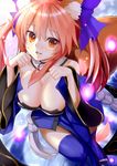 :d animal_ears blue_bow blue_legwear bow breasts cleavage detached_sleeves eyebrows_visible_through_hair fate/extra fate_(series) fox_ears fox_tail from_above hair_between_eyes hair_bow highres large_breasts long_hair looking_at_viewer open_mouth orange_eyes orange_hair paw_pose shiny shiny_skin shiron_(e1na1e2lu2ne3ru3) smile solo tail tamamo_(fate)_(all) tamamo_no_mae_(fate) thighhighs 