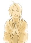  closed_eyes coat edward_elric fullmetal_alchemist gloves grin hands_together happy long_hair male_focus mattsu monochrome open_mouth sepia simple_background smile solo white_background 