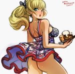  american_flag_dress apple_pie ass blonde_hair blue_eyes blush bow breasts commentary dress dress_lift fourth_of_july from_behind hair_bow large_breasts long_hair mina_cream no_panties original plate ponytail solo strap_gap whipped_cream wind wind_lift 