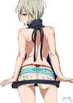  anastasia_(idolmaster) ass backless_dress backless_outfit bare_back blue_eyes blush commentary_request cowboy_shot dress earrings eyebrows_visible_through_hair from_behind g-string highres idolmaster idolmaster_cinderella_girls jewelry legs_apart looking_away meme_attire panties red_panties revision ribbed_sweater short_hair short_shorts shorts signature silver_hair simple_background solo standing suna sweater sweater_dress thong underwear virgin_killer_sweater whale_tail white_background 