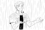  alphonse_elric black_shirt blush catching commentary_request fullmetal_alchemist greyscale hands_up korean_commentary looking_up male_focus monochrome neung_woo open_mouth rain shirt simple_background smile solo water water_drop wet wet_clothes wet_hair white_background 