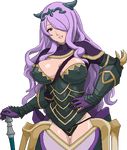  1girl armor axe bikini_armor breasts cameltoe camilla_(fire_emblem_if) cleavage erect_nipples fire_emblem fire_emblem_if gloves hair_ornament hair_over_one_eye hand_on_hip impossible_clothes large_breasts lips long_hair nintendo open_mouth pixel_art purple_eyes purple_hair simple_background solo thong tiara transparent_background warner weapon 