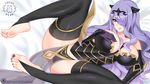  absurdres arm_at_side arm_support armor bare_shoulders barefoot bed_sheet black_armor black_legwear black_panties breasts camilla_(fire_emblem_if) collarbone eyelashes feet fire_emblem fire_emblem_if gauntlets gloves hair_over_one_eye hand_on_breast highres horns large_breasts legs legs_up lips loincloth long_hair looking_at_viewer lying makeup nail_polish on_back on_bed panties parted_lips pelvic_curtain purple_eyes purple_gloves purple_hair purple_lips purple_nails soles solo thighhighs tiara toeless_legwear toenail_polish toenails toes tofuubear underwear 