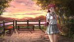  bench blush breasts fence grey_skirt hair_ornament hairclip highres large_breasts long_hair looking_at_viewer love_live! love_live!_sunshine!! neckerchief puffy_short_sleeves puffy_sleeves red_hair red_neckwear sakurauchi_riko school_uniform serafuku short_sleeves skirt smile solo sugi87 tree uranohoshi_school_uniform yellow_eyes 