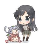  :3 :o animal_ears artist_name asagumo_(kantai_collection) asashio_(kantai_collection) bangs black_hair blue_ribbon blush braid brown_hair cat_ears cat_tail chibi commentary_request detached_sleeves full_body grey_eyes grey_hair hair_rings hairband kantai_collection long_hair multiple_girls nuno_(pppompon) parted_bangs pleated_skirt ribbon school_uniform shirt skirt suspender_skirt suspenders tail twintails white_shirt yamagumo_(kantai_collection) 