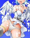  angel_wings bare_shoulders blue_hair bottle breasts cleavage dr_rex dress elbow_gloves gloves head_out_of_frame large_breasts nanael open_mouth panties polka_dot polka_dot_panties queen's_blade short_hair solo underwear wings 