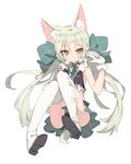  &gt;:) \m/ animal_ear_fluff animal_ears art556_(girls_frontline) boots bow brown_hair full_body girls_frontline gloves green_hair green_skirt hair_between_eyes hair_bow highres long_hair looking_at_viewer low_twintails necktie shone simple_background sketch skirt smile solo tail thigh_boots thighhighs twintails v-shaped_eyebrows very_long_hair white_background white_footwear white_gloves 