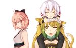  ^_^ ahoge animal_ears atalanta_(fate) bandaged_arm bandages bare_shoulders black_bitou blonde_hair carrying cat_ears cat_tail closed_eyes eyebrows_visible_through_hair fang fate_(series) green_eyes green_hair hair_between_eyes highres jack_the_ripper_(fate/apocrypha) multicolored_hair multiple_girls okita_souji_(fate) okita_souji_(fate)_(all) one_eye_closed pink_eyes pink_hair purple_eyes scar scar_across_eye short_hair shoulder_carry stitches tail white_background 
