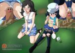  2girls bestiality black_hair blouse breasts cleavage clitoris dig diglett flower_on_head grass green_eyes ground hat heavy_breathing long_hair multiple_girls panties panties_aside plate pokemon pokemon_(creature) pokemon_(game) pussy pussy_juice scarf seiza sitting skirt striped_panties tank_top teacup the_dark_mangaka thighhighs trembling uncensored vaginal watermark wavy_mouth 