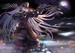 altair_(re:creators) black_hat chromatic_aberration copyright_name denki flying_sword gauntlets gun hat holding holding_gun holding_sword holding_weapon long_hair looking_away looking_to_the_side military military_uniform motion_blur open_mouth parted_lips peaked_cap re:creators revision shako_cap silver_hair solo standing sword teeth twintails uniform very_long_hair weapon white_hair wind 
