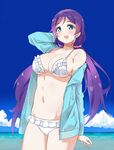  arm_up bikini blue_sky breasts cleavage cloud cloudy_sky commentary cowboy_shot day frilled_bikini frills green_eyes hair_ornament hair_scrunchie halter_top halterneck hand_behind_head jacket kurokawa_makoto large_breasts long_hair long_sleeves love_live! love_live!_school_idol_project low_twintails navel off_shoulder open_clothes open_jacket open_mouth outdoors pink_scrunchie purple_hair scrunchie sky smile solo standing string_bikini swimsuit toujou_nozomi twintails very_long_hair white_bikini 