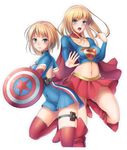 :o aqua_eyes blonde_hair blue_eyes blush breasts cape captain_america cleavage covered_navel crop_top crossover dc_comics genderswap genderswap_(mtf) green_eyes highres holding_shield large_breasts long_hair looking_at_viewer marvel midriff multiple_girls navel open_mouth pouch red_cape red_legwear red_skirt shield shiny shiny_skin short_hair skindentation skirt supergirl thigh_strap thighhighs umitonakai 
