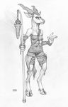  4_fingers anthro breast_wraps caprine clothed clothing cloven_hooves ecmajor female goat greyscale hooves horizontal_pupils horn lantern mammal monochrome solo staff wrappings 