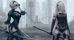  android artist_name bare_shoulders black_dress black_gloves black_legwear blindfold blindfold_lift blue_eyes collarbone dress elbow_gloves gloves hair_over_one_eye hairband highres holding holding_weapon katana lips long_hair mole mole_under_mouth multiple_girls nier_(series) nier_automata puffy_sleeves rain realistic revision sciamano240 short_hair short_shorts shorts signature silver_eyes silver_hair skirt sword thigh_gap thighhighs torn_clothes torn_legwear watermark weapon wet wet_hair yorha_no._2_type_b yorha_type_a_no._2 