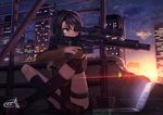  black_hair bolt_action brown_eyes city commentary computer crossed_legs dreadtie gun highres laptop original revision rifle short_hair sitting sky sniper sniper_rifle solo star_(sky) starry_sky sunset suppressor thigh_strap trigger_discipline weapon 