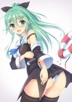  ass bare_shoulders black_legwear black_ribbon blue_neckwear blush breasts collar eyebrows_visible_through_hair green_eyes green_hair hair_between_eyes hair_ornament hair_ribbon hairclip highres kantai_collection large_breasts lifebuoy long_hair looking_at_viewer open_mouth panties ribbon solo thighhighs umitonakai underwear white_panties yamakaze_(kantai_collection) 