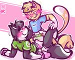  anthro blush bondage_mitts canine clothed clothing diaper dog duo feline green_eyes grinding husky lilchu male male/male mammal simple_background 