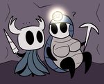  ... ? ambiguous_gender armor arthropod big_breasts breasts cavern cloak clothing detailed_background duo empty_eyes female headlamp helmet hollow_knight hollow_knight_(species) insect kurohachuurui melee_weapon myla_(hollow_knight) pickaxe protagonist_(hollow_knight) weapon 