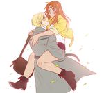  1girl alphonse_elric bag blonde_hair blue_eyes blush boots carrying closed_eyes coat embarrassed eyebrows_visible_through_hair fullmetal_alchemist fullmetal_alchemist:_milos_no_seinaru_hoshi hetero jacket julia_crichton leaf long_hair looking_at_another neung_woo orange_hair shirt short_hair simple_background skirt smile white_background white_shirt yellow_jacket 