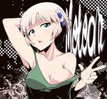  armpits blue_eyes breasts character_name cleavage hair_ornament highres large_breasts looking_at_viewer meteora_osterreich no_bra open_mouth re:creators short_hair silver_hair solo strap_pull strap_slip tank_top tom_(drpow) upper_body 