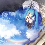  bangs black_legwear blue_eyes blue_hair blue_ribbon blue_skirt blue_sky blush brick_floor cloud commentary day from_above full_body hair_ribbon hakusai_(tiahszld) hatsune_miku loafers long_hair looking_at_viewer looking_up outdoors pleated_skirt puddle rainbow reflecting_pool reflection ribbon school_uniform serafuku shoes short_sleeves skirt sky smile socks solo squatting twintails umbrella very_long_hair vocaloid 
