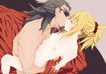  1girl arm_support braid closed_eyes eyepatch facial_hair fate/apocrypha fate_(series) from_above girl_on_top goatee grey_hair hetero hug inui_sanagi long_hair mordred_(fate) mordred_(fate)_(all) motion_blur nude ponytail red_scrunchie scar scrunchie sex shishigou_kairi 