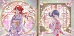  blue_hair cherry_blossoms closed_eyes hands_together highres japanese_clothes kimono long_hair multiple_girls obi original red_hair sash sekai_company short_hair syrinxwell311 wide_sleeves wind window 