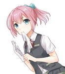  artist_name blue_eyes dutch_angle glove_in_mouth gloves gloves_removed hair_between_eyes hair_ornament kantai_collection looking_at_viewer mouth_hold neck_ribbon nuno_(pppompon) pink_hair pleated_skirt pocket ponytail putting_on_gloves red_neckwear red_ribbon ribbon shiranui_(kantai_collection) shirt short_hair short_sleeves simple_background skirt solo upper_body vest white_background white_shirt 