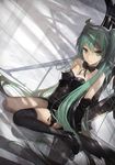  bad_id bad_pixiv_id black_footwear black_legwear breasts detached_sleeves dutch_angle green_eyes green_hair hatsune_miku highres kieed long_hair parted_lips reflection revision shoes single_thighhigh sitting small_breasts solo thighhighs twintails very_long_hair vocaloid wariza 