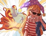  american_flag_dress bangs blonde_hair closed_eyes clownpiece explosion fairy_wings hat jester_cap long_hair mefomefo neck_ruff polka_dot solo star star_print striped sunglasses touhou very_long_hair wings 