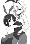  :&gt; animal_ears ass bare_back bare_shoulders breasts bunny_ears bunny_tail bunnysuit detached_collar eyebrows_visible_through_hair fake_animal_ears fake_tail greyscale height_difference hug kosegawa_shiromi large_breasts looking_at_viewer looking_back monochrome multiple_girls pantyhose sagimori_arata saki shisoneri short_hair smile tail wrist_cuffs 