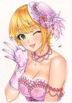  ;d bad_id bad_twitter_id blonde_hair breasts cleavage collarbone eyebrows_visible_through_hair feathers gloves green_eyes hair_feathers hat highres idolmaster idolmaster_cinderella_girls inuono_mama jewelry medium_breasts miyamoto_frederica necklace one_eye_closed open_mouth pink_gloves pink_hat short_hair signature simple_background smile solo sparkle strapless upper_body white_background 