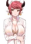  bra breasts brown_eyes cleavage earrings granblue_fantasy highres horns huge_breasts jewelry looking_at_viewer norman_maggot open_clothes open_shirt pink_hair pointy_ears print_bra shirt short_hair simple_background solo sturm_(granblue_fantasy) underwear white_background 