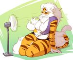  2016 anthro big_breasts breasts buxbi buxbi_(character) clothed clothing eyes_closed feline female fur hair long_hair mammal rotary_fan signature sitting skimpy slightly_chubby sweat thick_thighs tiger url voluptuous watermark white_hair 