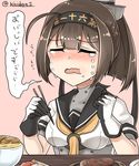  absurdres ahoge akizuki_(kantai_collection) black_hair chopsticks closed_eyes commentary crying food gloves hachimaki happy_tears headband highres holding holding_chopsticks kantai_collection katsudon_(food) kiritto neckerchief ponytail sailor_collar school_uniform serafuku solo steak sushi tears translated twitter_username 