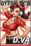  alternate_costume arm_up artist_name bad_id bad_pixiv_id belt belt_buckle blue_pants breasts brown_eyes brown_hair buckle character_name chocolazy cleavage collarbone collared_shirt cruiser_d.va d.va_(overwatch) earrings facial_tattoo front-tie_top grey_neckwear hand_in_hair hand_on_hip head_scarf headphones heart_tattoo hoop_earrings jewelry looking_at_viewer medium_breasts medium_hair outline overwatch pants plaid plaid_shirt ponytail pose red_lips red_shirt shirt short_sleeves signature smile solo sunburst tattoo upper_body 