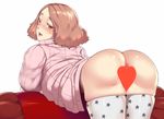  1girl akoniii anus ass bent_over blush bottomless brown_eyes brown_hair cardigan censored heart_censor looking_at_viewer looking_back okumura_haru persona persona_5 presenting simple_background star_print sweat sweatdrop thighhighs white_background 