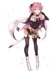  astolfo_(fate) black_legwear blush boots braid cape detached_sleeves fang fate/apocrypha fate_(series) fur_trim hair_ribbon long_hair looking_at_viewer male_focus multicolored_hair north+ open_mouth otoko_no_ko petals pink_hair pointing pointing_at_self purple_eyes ribbon single_braid smile solo streaked_hair sword thighhighs weapon 