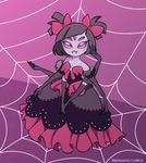  1girl :3 dress elbow_gloves extra_arms extra_eyes fangs monster_girl muffet purple_skin solo spider_girl twintails undertale 