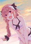  astolfo_(fate) bangs blush braid commentary_request eyebrows eyebrows_visible_through_hair fang fate/apocrypha fate_(series) hair_between_eyes hair_ribbon highres long_hair looking_at_viewer male_focus multicolored_hair open_mouth otoko_no_ko pink_hair purple_eyes ribbon single_braid sky smile solo streaked_hair sunset swimsuit yi_yu_ruanruo 