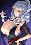  black_choker breasts carmilla_(fate/grand_order) choker cleavage commentary_request covered_nipples curly_hair eyebrows_visible_through_hair eyewear_removed fang fate/grand_order fate_(series) hand_on_hip highres holding holding_eyewear huge_breasts kloah long_hair looking_at_viewer open_mouth ponytail silver_hair simple_background slit_pupils solo sunglasses yellow_eyes 