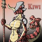  anthro armor breasts breath_of_the_wild chameleon featureless_breasts female gradient_background green_eyes horn lizalfos lizard melee_weapon nintendo polearm rakkuguy reptile ribbons scalie simple_background solo spear tail_bow tail_ribbon the_legend_of_zelda video_games weapon 