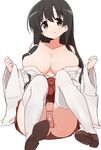  black_hair breasts cleavage commentary_request green_eyes iwato_kasumi japanese_clothes large_breasts long_hair miko ofuda saki shisoneri smile solo thighhighs white_legwear wide_sleeves yellow_eyes 