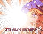  blonde_hair clownpiece fourth_of_july hat jester_cap looking_at_viewer mefomefo open_mouth pink_eyes polka_dot purple_eyes smile solo teeth touhou upper_teeth 