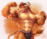  2019 abs absurd_res anthro armpit_hair biceps bulge charr clothing felid fur guild_wars hi_res horn hybrid male mammal muscular muscular_male pecs simple_background solo underwear video_games waddledox 