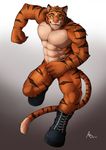  2017 4_fingers abs anthro anzuto black_fur blue_eyes boots clothing feline footwear fur looking_at_viewer male mammal muscular muscular_male nude orange_fur pink_nose simple_background smile solo stripes tiger white_fur 