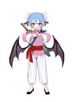  :o alternate_costume alternate_hairstyle bat_wings blue_hair blush bun_cover chinese_clothes clenched_hand double_bun fangs fkey full_body hair_between_eyes looking_at_viewer open_hand own_hands_together palm-fist_greeting pants red_eyes remilia_scarlet ribbon sanpaku sash short_hair simple_background sketch solo standing tangzhuang touhou v-shaped_eyebrows white_background wings 
